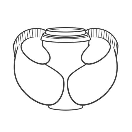 Hands in mittens hold a paper coffee cup with a lid. Coffee with wallpaper in winter. Vector linear illustration isolated on white backgroundのイラスト素材