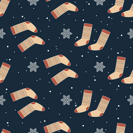 Winter seamless pattern with cute woolen socks and snowflakes. Vector illustrationのイラスト素材