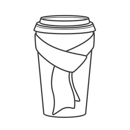 Paper cup for coffee in a scarf. Coffee to go for the winter menu. Vector linear illustration isolated on white backgroundのイラスト素材