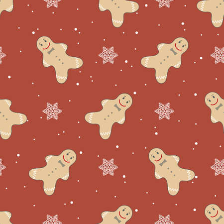 Winter seamless pattern with cute gingerbread man and snowflakes. Vector illustration