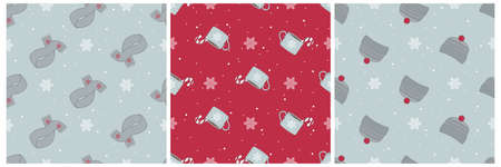 Collection of winter seamless patterns with cute scarfs, cups, hats and snowflakes. Vector...