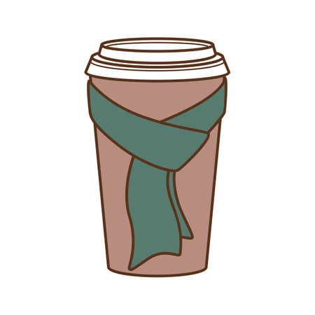 Paper cup for coffee in a scarf. Coffee to go for the winter menu. Vector illustration isolated on white backgroundのイラスト素材