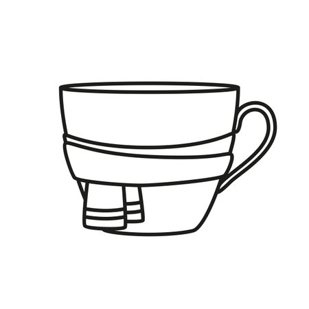 A mug with a winter scarf. Vector linear illustration isolated on white background.のイラスト素材