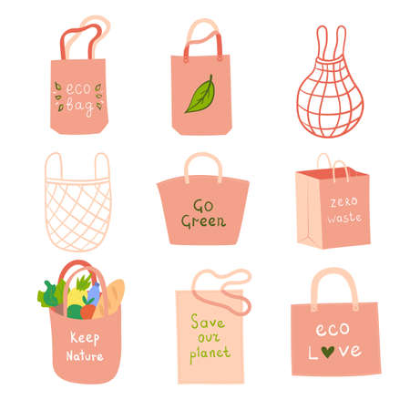 Collection of various reusable recyclable bags. Eco friendly shoppers. Modern flat illustration isolated on white backgroundのイラスト素材
