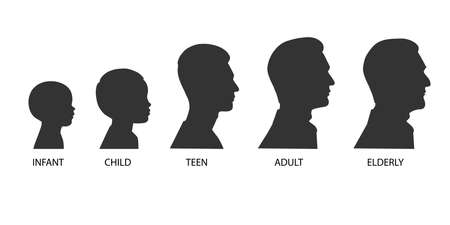 The stages of a man's growing up - infant, child, teen, adult, elderly. Collection of silhouettes of men of different ages. Vector illustration isolated on white backgroundのイラスト素材