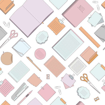 Seamless pattern with stationery - notepads, stickers, notebooks on white background. Vector illustrationのイラスト素材