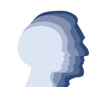 The stages of a man's growing up - infant, child, teen, adult, elderly. Silhouettes of men of...
