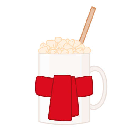 A mug with a winter scarf and marshmallow. Vector illustration isolated on white backgroundのイラスト素材