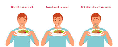 Normal sense of smell, anosmia and parosmia are the consequences of a virus infection. A man sniffs a plate of food. Vector flat illustration isolated on white backgroundのイラスト素材