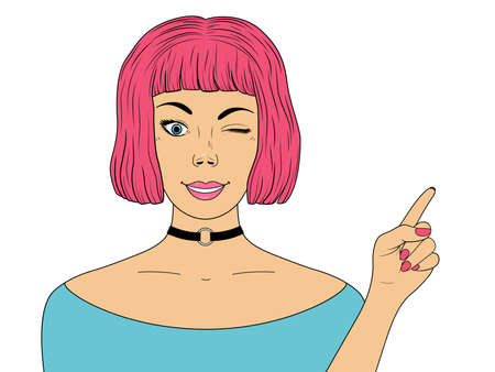 Winking woman with pink hair. comic woman. wow face female. vector illustrationのイラスト素材