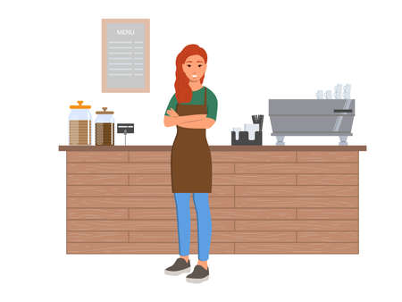 Smiling barista woman on the background of a coffee shop. vector illustrationのイラスト素材