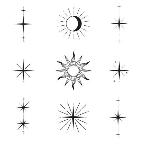 Collection of celestial symbols - sun, moon, stars. Vector illustration isolated on white backgroundのイラスト素材