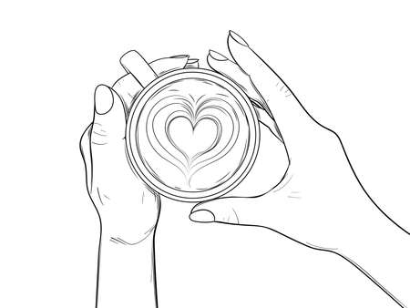 Cup of coffee and hands. Latte art - heart on foam. Vector illustration in sketch styleのイラスト素材