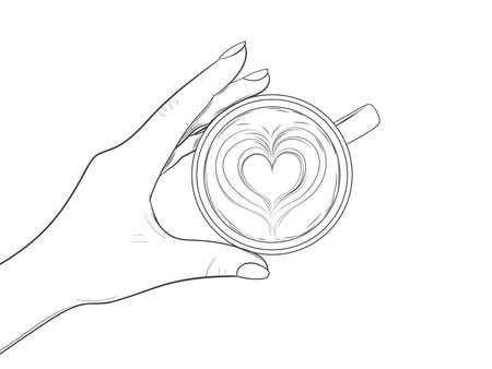 Cup of coffee and hand. Latte art - heart on foam. Vector illustration in sketch styleのイラスト素材