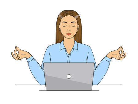 Woman meditating in front of a laptop in office clothes with her eyes closed. Vector illustration in comic style isolated on white backgroundのイラスト素材