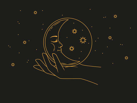 Golden moon with face in hand - mystical symbol isolated on dark background. Vector illustration in...