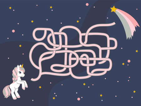 Children educational game with labyrinth cute unicorn and falling star with a starry sky on background. vector illustrationのイラスト素材