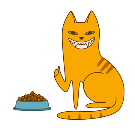 Happy smiling cat with a full plate of food. Cartoon vector illustration isolated on white backgroundのイラスト素材