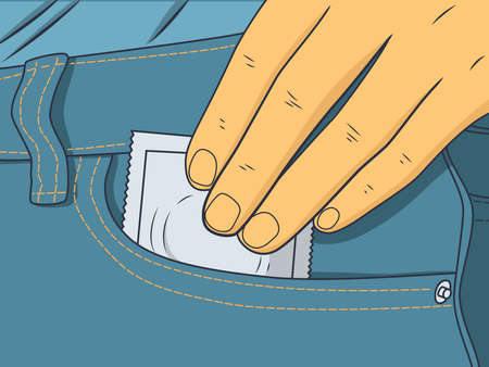 A hand pulls a package of condoms from the front pocket of his jeans. vector illustrationのイラスト素材