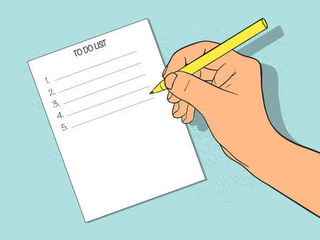 To-do list. The hand writes with a pen on a sheet of paper. vector illustration
