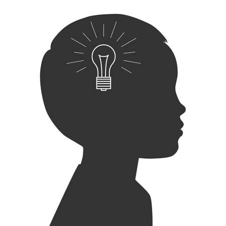 Black silhouette of a child's profile with a light bulb inside. idea concept. Vector illustration isolated on white backgroundのイラスト素材