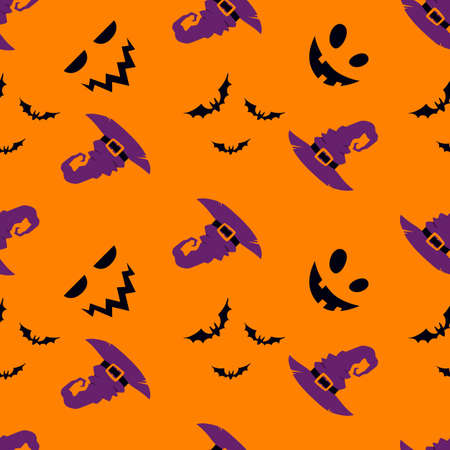 Seamless pattern with smiling faces of ghosts or Halloween pumpkins and witch hats on an orange background. vector illustrationのイラスト素材