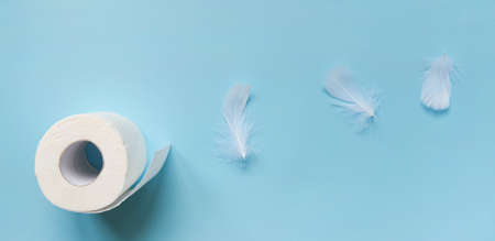 Top view of white roll and feathers on blue backgroundの写真素材