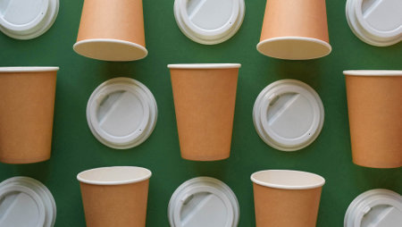 Pattern of craft paper cups and white plastic lids on a green backgroundの写真素材