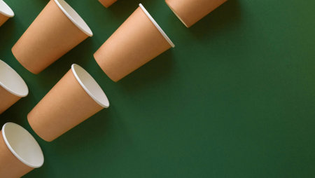 Pattern of craft paper cups with copy space on a green backgroundの写真素材