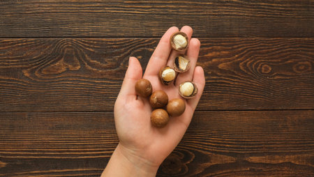 Whole and open macadamia nuts in the palm of hand on a brown wooden background. Peeled nuts and shells on handの写真素材