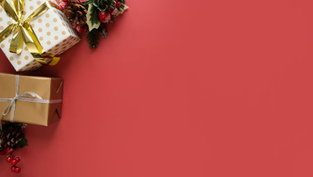 Christmas boxes with gifts on a red background with space for textの写真素材