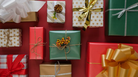 Different wrapped boxes with gifts top view on a red backgroundの写真素材