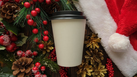 Cup of coffee to go and festive decor - red berries, christmas tree branches, pine cones. christmas holiday top view backgroundの写真素材