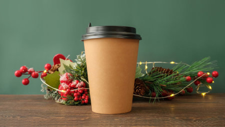 Cup of coffee to go, red berries and Christmas tree branches - Christmas holiday backgroundの写真素材