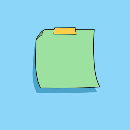 Green cartoon note paper pinned with a tape. Hand drawn doodle notepaper for messages. vector illustrationのイラスト素材