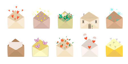 Collection of various mail envelopes with a hearts, stars, flowers and other decor. Vector illustration isolated on a white backgroundのイラスト素材