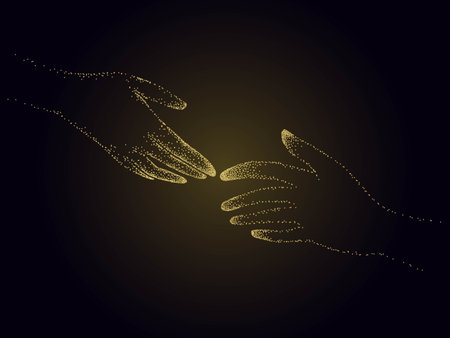 Two hands are drawn to each other. Glowing warm silhouettes on a dark background. vector illustrationのイラスト素材