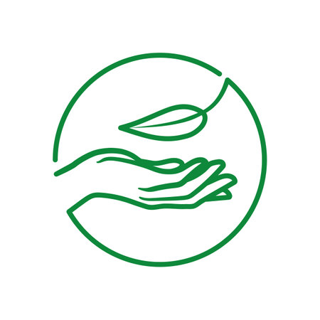 Hand hold a leaf of the plant. Eco friendly symbol. Vector illustration isolated on white backgroundのイラスト素材