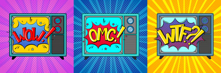 Collection of vintage TV with WOW, WTF and OMG image. pop art vector illustrationのイラスト素材