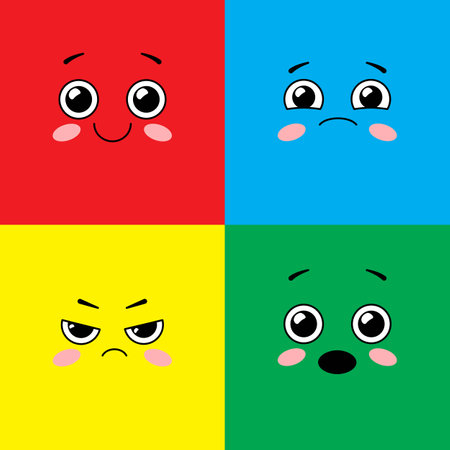 Basic emotions are joy, sadness, anger, fear or surprise. Four colorful squares with emotions. vector illustrationのイラスト素材