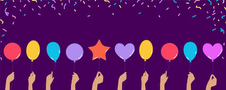 Horizontal banner with a colorful balloons in hands with a festive confetti around it. vector illustrationのイラスト素材