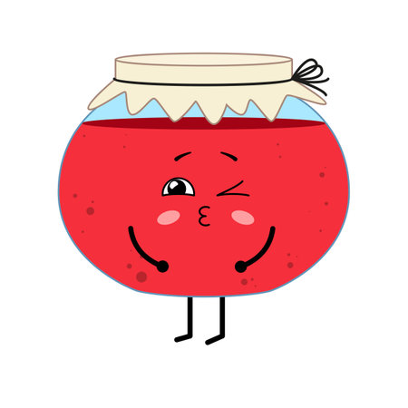 Cute kawaii jar of jam. cartoon character red jam. Vector illustration isolated on white backgroundのイラスト素材