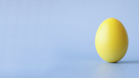 Colored yellow Easter egg on a light blue background with a place for textの写真素材