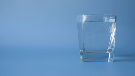 A glass of water on a blue background with a place for textの写真素材
