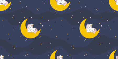 Seamless pattern with a cute unicorn sleeping on the moon. vector illustrationのイラスト素材