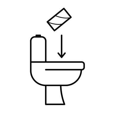 Flushable toilet paper roll. The sign of the toilet bowl and a roll thrown into it. Outline vector illustration isolated on a white backgroundのイラスト素材