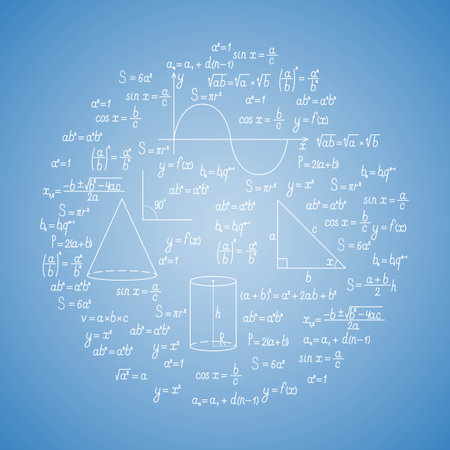 Mathematical formulas and graphs in a round shape on the blue background. vector illustrationのイラスト素材