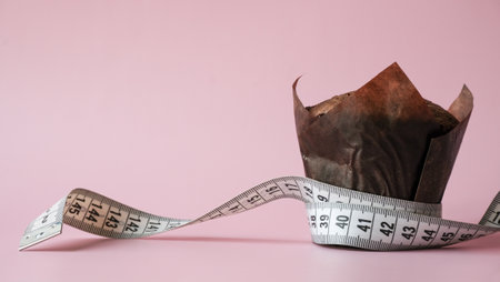 Chocolate muffin and tailor's tape measure - food control conceptの写真素材