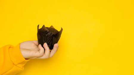 Female hand with a chocolate muffin on a yellow background with a place for a textの写真素材