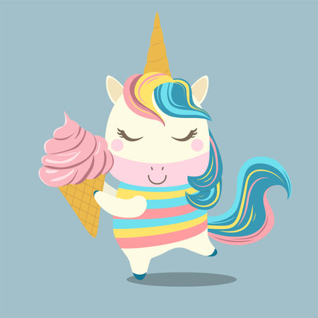 Cute funny unicorn with ice cream cone. vector illustrationのイラスト素材